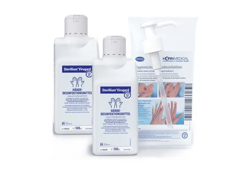PAUL HARTMANN AG Horn Medical Dosierpumpe mit 2x Sterillium Virugard 500ml Hand-Desinfektionsmittel (farbstoff- & parfümfrei, [- Hochwirksame Desinfektionslösung wirkt sofort bis zu 6h geg. Hefepilze, Bakterien, Viren)