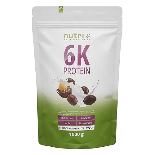 nutri+ Proteinpulver 6K Eiweiß Pulver - Chocolate-Peanut, 1000 g - Veganes Proteinpulver mit 6 verschiedenen Eiweißquellen, ideal für Sportler zur Muskelregeneration nach dem Training. Schmackhafte Geschmacksrichtung Chocolate-Peanut.