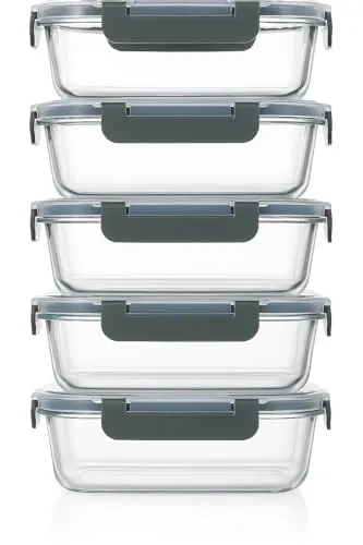 Visario 5 x Glas-Frischhaltedosen 370 ml - Hochwertige Meal Prep Boxen - Bento Boxen aus Borosilikatglas (5er Set) mit luftdichten Deckeln – ideal für Meal Prep, ofenfest und platzsparend. Perfekt für gesunde Snacks und nachhaltige Aufbewahrung!