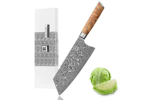 zayiko Kinone Premium Blockmesser Kiritsuke 20 cm - Damaststahl mit Wurzelholzgriff - Kochmesser aus 67 Lagen echtem Damaststahl, perfekt ausbalanciert für müheloses Schneiden von Fleisch, Fisch und Gemüse. Jedes Messer ein Unikat, ideal als Geschenk für Kochliebhaber.