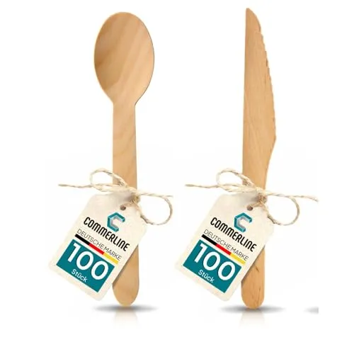 Löffel + 100 Messer Set | 200 Stück Einweg Besteck Set | Einweggeschirr Set aus Holz | Einwegbesteck Holzbesteck Holzgeschirr (100 Löffel & 100 Messer) 100