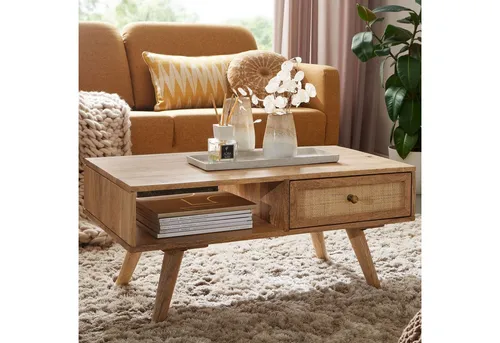 FineBuy Couchtisch aus Massivholz mit Rattan-Elementen - Eleganter Couchtisch aus Massivholz, einzigartiges Design durch individuelle Maserung, mit großzügiger Ablagefläche und praktischer Schublade für zusätzlichen Stauraum.