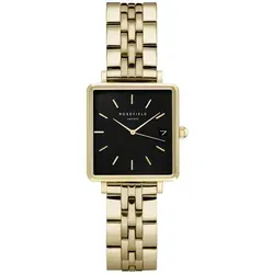 ROSEFIELD - THE BOXY XS - Damenarmbanduhr - Elegante Damenuhr in schwarz-gold, inspiriert von Amsterdam und New York, mit zarter 22 x 24 mm quadratischer Silhouette und Datumsanzeige für einen modernen Look.