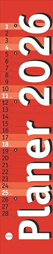 Langplaner mini, rot 2026: Praktischer Streifenkalender fürs Büro. Kleiner Wandkalender mit genug Platz für Eintragungen. Terminkalender 2026. 7 x 33 cm (Bürokalender Heye)