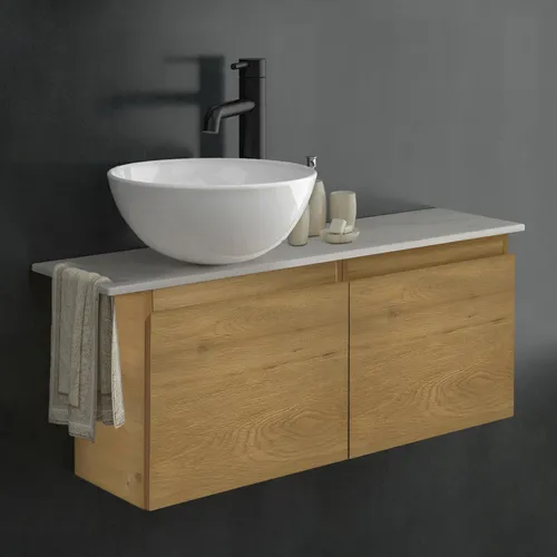 Alpenberger Waschbecken Set mit Unterschrank und Keramikplatte - Elegantes Badmöbel Set mit pflegeleichter Keramikplatte in Marmor-Optik und rundem Aufsatzwaschbecken. Ideal für platzsparende Badezimmerlösungen und einfach zu montieren.