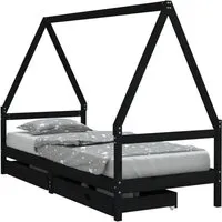 vidaXL Kinderbett mit Schubladen Schwarz 90x200 cm - Kinderbett aus massivem Kiefernholz in Hausform mit praktischen Schubladen zur Aufbewahrung. Ideal für Ordnung im Kinderzimmer und leichtes Ein- und Aussteigen für Kinder ab 4 Jahren.