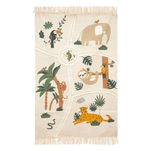 Kinderteppich JUNGLE, Landkarte aus Baumwolle, 150 x 100 cm - Teppiche & Läufer – Spielteppich mit buntem Dschungel-Design, ideal für kreative Spielstunden und fördert die Fantasie der Kleinen.