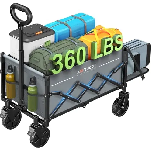 AMADA HOMEFURNISHING Bollerwagen faltbar, klappbarer Bollerwagen mit Maximalbelastung 163kg & Speicherung, Faltbarer Handwagen 90L mit 2 Getränkehaltern für Lebensmittel, Garten & Camp (Graue)