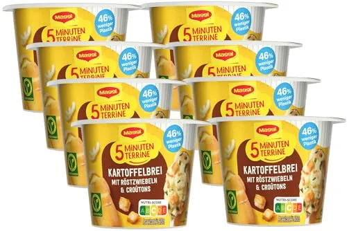 MAGGI 5 Minuten Terrine Kartoffelbrei mit Röstzwiebeln und Croutons, leckeres Fertiggericht, Instant Kartoffel-Püree, herzhafter Kartoffel-Snack, 8er Pack (8 x 56g)