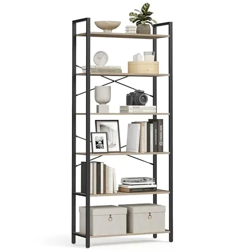 VASAGLE Bücherregal 6 Ebenen, Standregal mit Stahlrahmen, freistehendes Regal, Wohnzimmer, Schlafzimmer, Arbeitszimmer, 30 x 80 x 186 cm, Industrie-Design, kamelbraun-tintenschwarz LLS082B50
