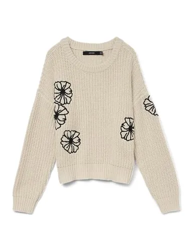 VERO MODA VMLAURA LS O-NECK Pullover - Modischer Damenpullover in Beige mit Schwarz, aus pflegeleichtem Rippstrick und elastischem Material für perfekten Sitz und Bewegungsfreiheit.