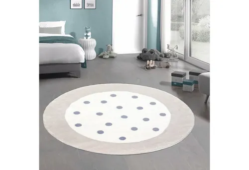 Carpetia Teppich Kinder-Teppich weich in Rund creme-grau Punkte-Umrandung, rechteckig, Höhe: 18 mm
