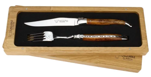 Laguiole en Aubrac Steakbesteck 1CF99TKIH BRI, 1 Messer / 1 Gabel - Griff Teakholz - Backen glänzend - Stahl glänzend