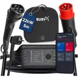 BURY® PowerFlash 9050 EV Mobile Wallbox mit App - 22kW, 5m Kabel, wasserdicht - Wallbox für Elektroautos, mobiles Ladegerät mit bis zu 22 kW, inklusive App zur Überwachung des Ladevorgangs und flexibler Nutzung dank 5m Kabel.