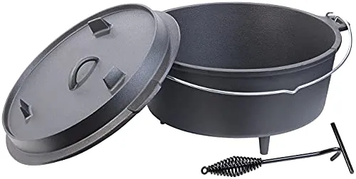 Rosenstein & Söhne Töpfe: Dutch Oven aus Gusseisen mit Standfüßen, 2in1-Deckel & -Pfanne, 12 l (Gusseisen Kochtöpfe, Dutch Oven mit Füßen, Wok)