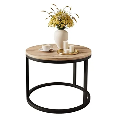 lukmebel Couchtisch CIRI, rund, schwarz und wotaneiche - Beistelltisch fürs Wohnzimmer mit modernem minimalistischen Design und widerstandsfähigem MDF-Rahmen für langfristige Nutzung.