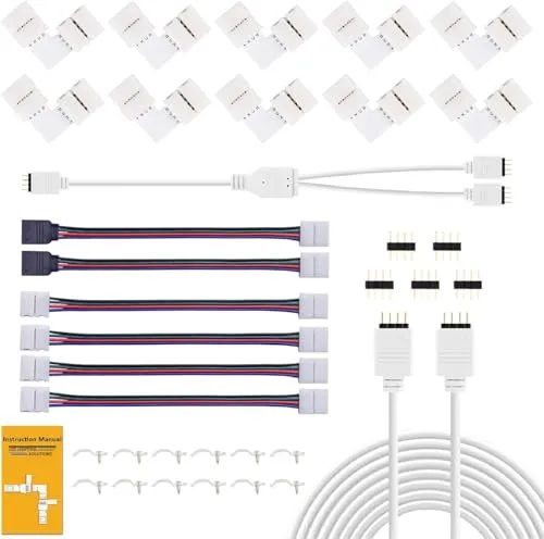 REDTRON LED Strip Verbinder, Verlängerung, Eckverbinder, 4-Pin Connector, Befestigungsclips - Für 10mm 4 Polig RGB 5050 Streifen