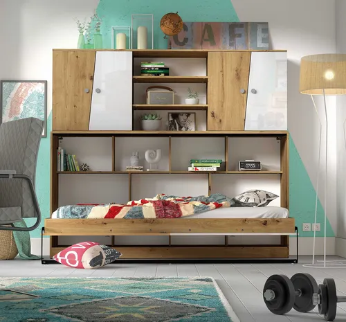 Jugendzimmer Set 2-teilig Schrankbett artisan eiche weiß grau Hochglanz