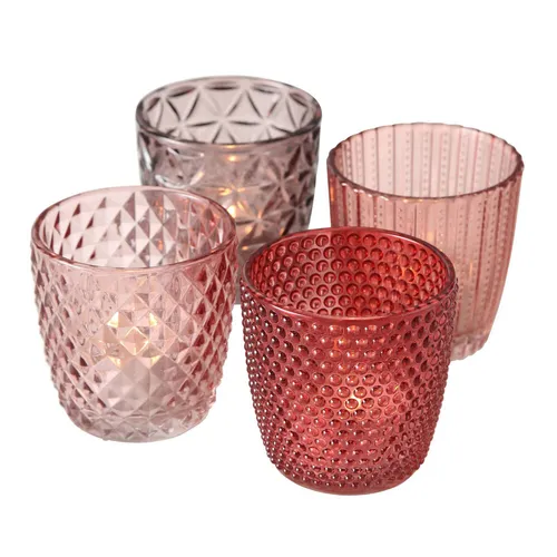 4tlg. Windlicht MARILU rosa altrosa violett Muster geriffelt Glas Teelichthalter