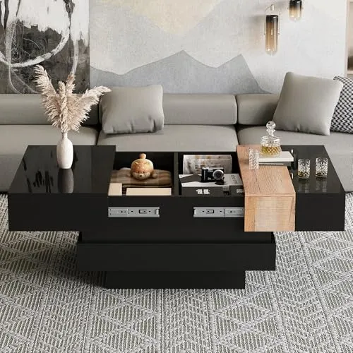 BTM 70x70x39cm Ausziehbarer Couchtisch mit Stauraum, Schwarz - Stylischer quadratischer Couchtisch (70 x 70 x 39 cm) mit ausziehbarer Tischplatte und verstecktem Stauraum. Ideal für ein aufgeräumtes Wohnzimmer. Robuste MDF-Bauweise mit elegantem Farbblock-Design sorgt für einen modernen Akzent.