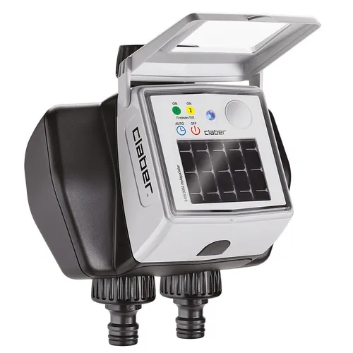 Claber Dual myAquaSolar Bewässerungscomputer - Automatischer Zwei-Wege-Bewässerungscomputer für effiziente Gartenbewässerung, ideal für umweltbewusste Gärtner.