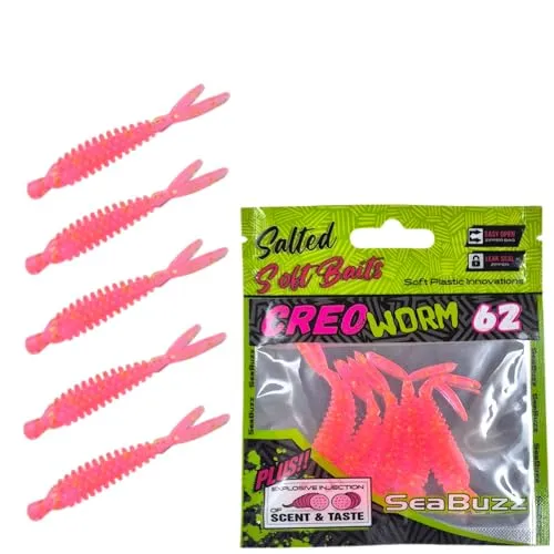 SEABUZZ Gummifische Angelköder Set Creo Worm 5Stk x 62mm - Hecht Forelle Barsch Gummiköder - Wels & Zander Kunstköder - Raubfisch Angelnset - Süß- und Salzwasser Angelausrüstung (Pink/Seed)