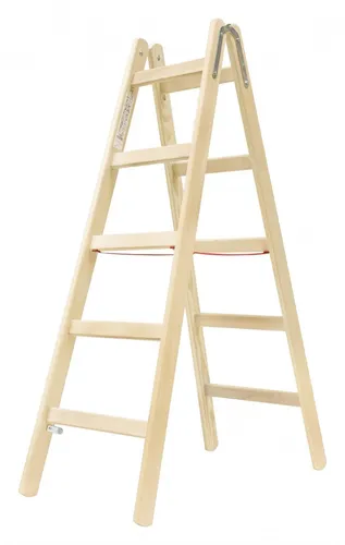 Hymer Holz-Spossenstehleiter 2x5 Sprossen - Beidseitig begehbare Klappleiter aus Holz mit einer maximalen Reichhöhe von 2,85 m. Ideal für vielseitige Anwendungen im Innen- und Außenbereich.