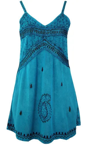 Besticktes indisches Kleid, Boho Minikleid - türkisblau Design 1