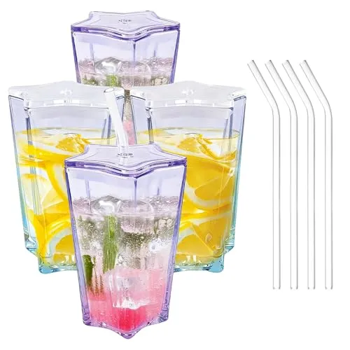 XURUIAU 4er-Pack Glas-Trinkbecher mit Deckel und Strohhalm, 300 ml, süße bunte Glasbecher in Sternform, perfekt für Smoothies, Whiskey-Soda, Eistee, lila und blaue Sets