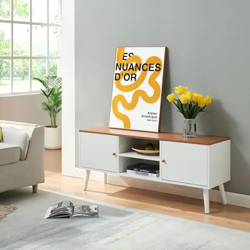 [en.casa] TV Schrank Reyljand Lowboard mit 2 Türen - TV-Halterungen mit modernem Design und durchdachter Aufbewahrung: zwei offene Fächer und zwei Schranktüren bieten viel Stauraum für Ihre Medien.