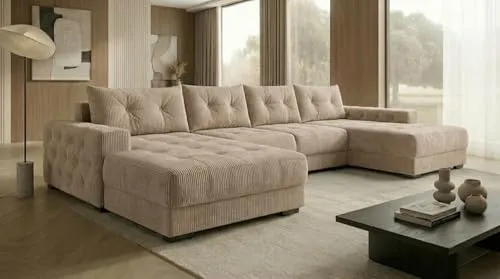 Ecksofa MODENA 362x170 cm mit Schlaffunktion, Beige - Modulares Ecksofa mit praktischer Schlaffunktion und Bettkasten. Hoher Komfort, anpassbare Module und eleganter Veloursstoff machen es ideal für moderne Wohnräume.