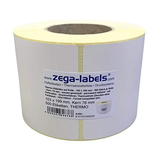 Thermo Etiketten auf Rolle - 103 x 199 mm - 500 Stück je Rolle - Kern: 76 mm - für Versandetiketten DHL - permanent haftend - mit Perforation - Druckverfahren: Thermodirekt (Drucken ohne Farbband)