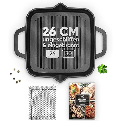 GUSSKÖNIG Ungeschliffenes Gusseisenpfanne- 26cm Pfanne Gusseisen- Grillpfanne Gasgrill- Eingebrannte Gusseisen-Pfanne - Cast Iron Pan- Robuste Gusspfanne + Ringreiniger & Rezeptbuch- 30 Jahre Garantie