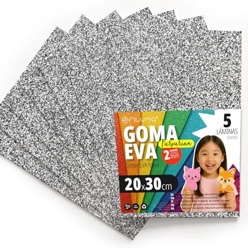 OFITURIA Glitzer-Moosgummi für Bastelarbeiten, Bunter Schaumstoff mit Glitzer für DIY, kreative Projekte, Kunst und Schule 20x30cm (Silber, 5 Stk)