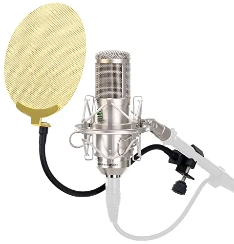 Pronomic Mikrofon CM-100 Studio Großmembranmikrofon mit Popkiller Gold-Set - Professionelles Kondensator-Mikrofon für Gesangs- und Instrumentenabnahme, ideal für Studioanwendungen dank rauschfreiem, warmem Klang und robuster Bauweise.