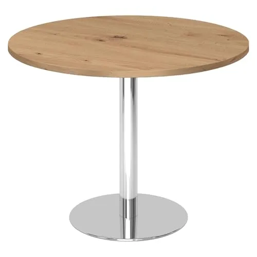 bümö Pausentisch groß STF - Asteiche mit Chromgestell - Kinderschreibtische für Meetings, stabiler verchromter Tellerfuß sorgt für sicheren Stand und hohe Kratzfestigkeit der melaminharzbeschichteten Tischplatte.