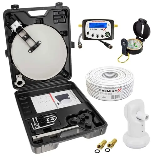 PremiumX Camping SAT Anlage - Kompakte Satellitenschüssel mit 10m Kabel und Signalfinder - Sat-Schüsseln für perfekten TV-Empfang beim Camping. In robustem Koffer, inkl. Signalfinder und einfachem Aufbau für besten Empfang überall.
