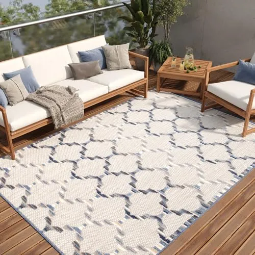 TAPISO Patio Teppich Indoor Outdoor Grau Beige Blau Marokkanisch Design Sisaloptik Wetterfest UV-beständig Terrasse Wohnzimmer ÖKO-TEX 140 x 200 cm