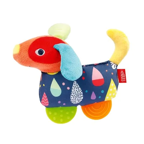 Fehn Greifling Hund COLOR Friends - Motorik-Babyspielzeug Spieltier mit Rassel, Quietsche & Beißer - Stofftier für die Förderung der Motorik - Spielzeug für Babys & Kleinkinder ab 0+ Monaten