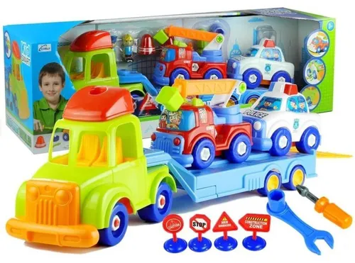 Lean Toys Fahrzeugset Polizei Feuerwehr Auto Transport Anhänger Spielzeug , Größe:UNIVERSAL