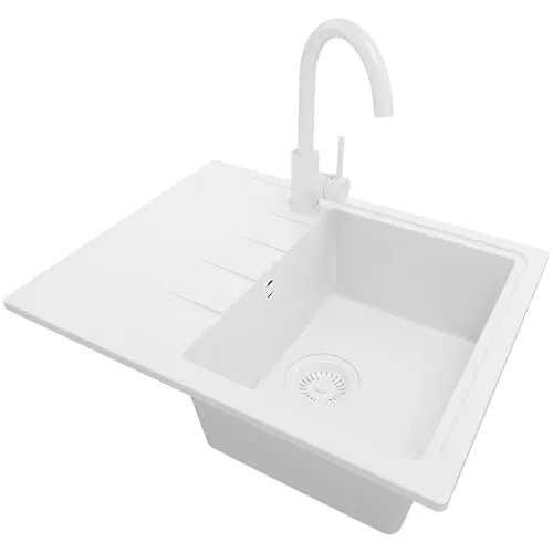 PRIMAGRAN Granitspüle Alles Weiß 62x50cm, Spülbecken 1 Becken + Küchenarmatur 32x20cm + Ablauf-Set, Küchenspüle ab 40er Unterschrank - Mailand S060