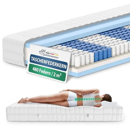 AM Qualitätsmatratzen 7 Zonen Taschenfederkernmatratze 140x200cm H4 - Ergonomischer Schlafkomfort - Matratzen mit 7 Zonen für optimale Unterstützung von Wirbelsäule und Gelenken. Made in Germany, OEKO-TEX zertifiziert und waschbarer Bezug für hygienischen Schlaf.