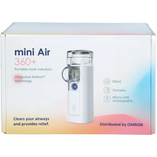 mini Air 360+ Inhalationsgerät von OMRON - Elektrische Inhalatoren, tragbar und geräuschlos – ideal für Erwachsene und Kinder zur effektiven Linderung von Husten und Erkältung, inklusive Masken und Micro-USB Ladefunktion.