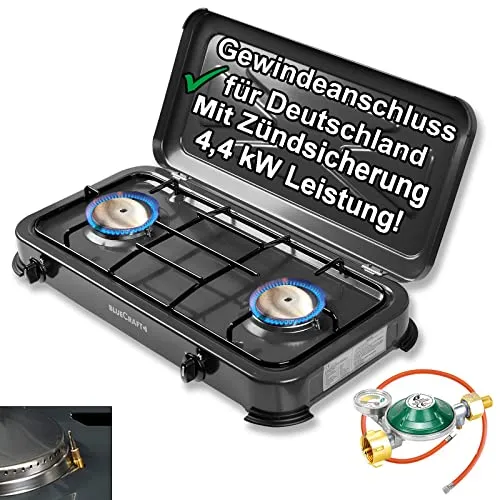 Bluecraft Campingkocher 2 flammig mit Zündsicherung Gaskocher für Gasflaschen mit 4,4 kW Leistung Doppelkocher Gasherd mit Zubehör Gasschlauch 50 mbar Gasregler Manometer für Camping Outdoor Freizeit