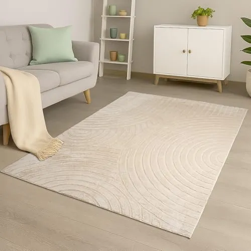 carpet city Teppich Wohnzimmer Kurzflor - 160x230 cm in Beige - Moderner Kurzflor-Teppich mit geometrischem Wellen-Muster in 3D-Optik. Weich & gemütlich mit Soft-Touch Haptik, ideal für Wohnzimmer, Schlafzimmer oder Flur. Pflegeleicht und geeignet für Fußbodenheizung.