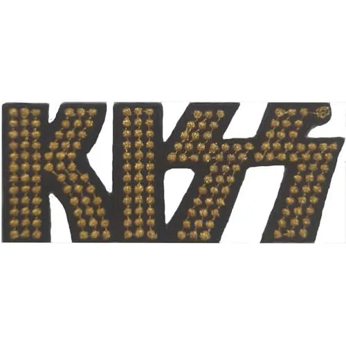 KISS Patch Gold Studded Band Logo Nue offiziell Schwarz Woven Iron On 40 x 95mm One Size