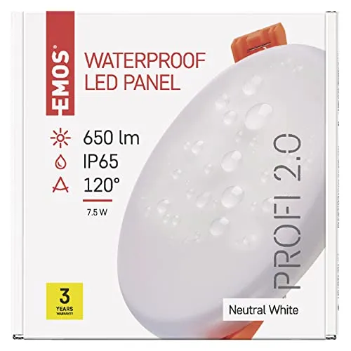 EMOS LED Panel Einbauleuchte 7,5W, extra-flacher 650 lm runder Einbaustrahler, Neutralweiß 4000K, IP65 wasserdicht für Feuchträume oder Außen, Farbe weiß, Durchmesser 10 cm, rahmenlos