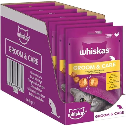Whiskas Groom & Care Katzensnacks im Portionsbeutel für ausgewachsene Katzen mit Huhn 8x45g