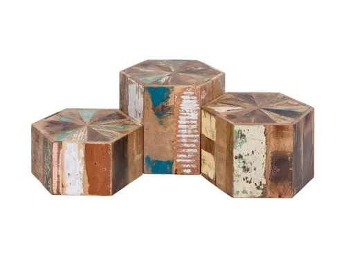 Woodkings® Couchtisch Set Wakefield 50x50 - 3er Set aus recyceltem Massivholz - Beistelltische fürs Wohnzimmer, 3er Set in 6eckigem Design, handgefertigt aus recycelten Hölzern, jedes Stück ein Unikat mit individueller Farbgebung.