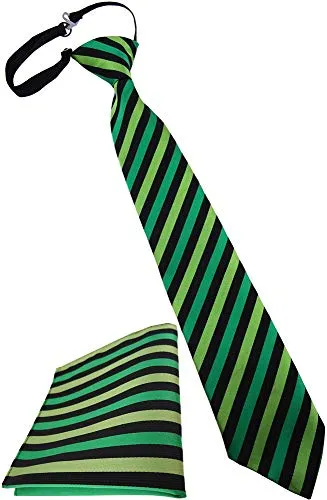 TigerTie Kinderkrawatte + Einstecktuch in grün hellgrün schwarz gestreift - vorgebunden mit Gummizug